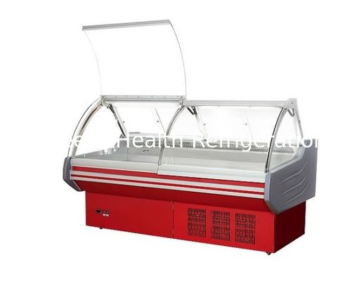 Mengangkat Pintu Kaca Melengkung Deli Display Kulkas / Display Daging Chiller