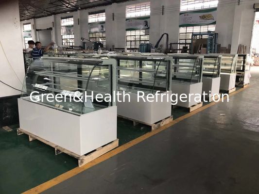 Double Arc glass Commercial Cake Display Freezer Dengan Kastor Nyaman
