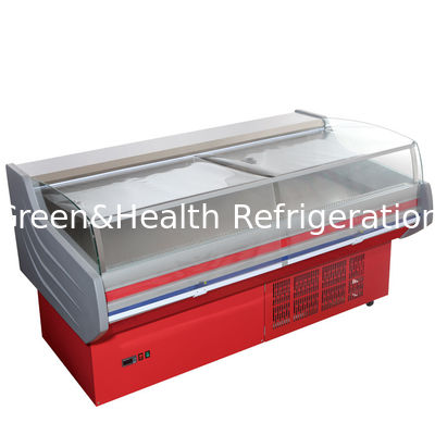 ROHS Deli Display Kulkas, Freezer Layar Terbuka Komersial Dengan Kaca Melengkung Untuk Daging Seafood