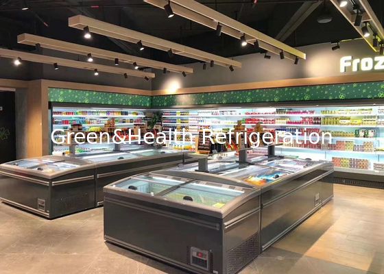 Makanan Beku Pintu Geser Tampilan Komersial Freezer Combo Island Freezer